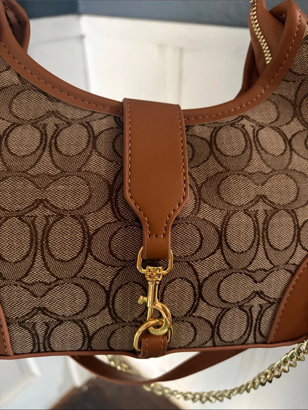 Coach Tan/Brown Signature Jacquard Shoulder Bag with Gold Hardware